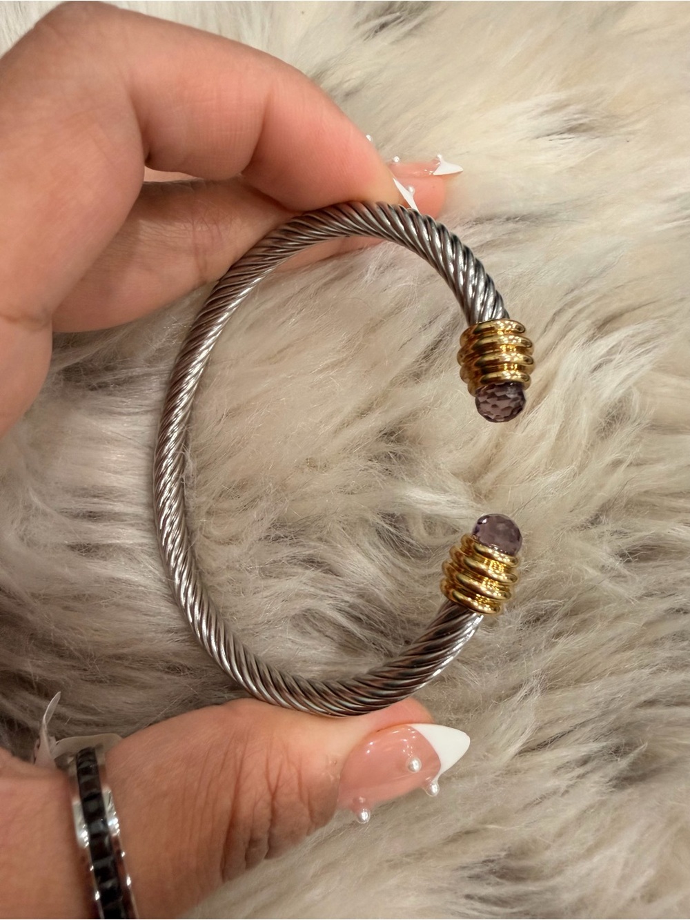 Two-Tone Silver and Gold Twisted Cable Cuff Bracelet with Purple Endstones